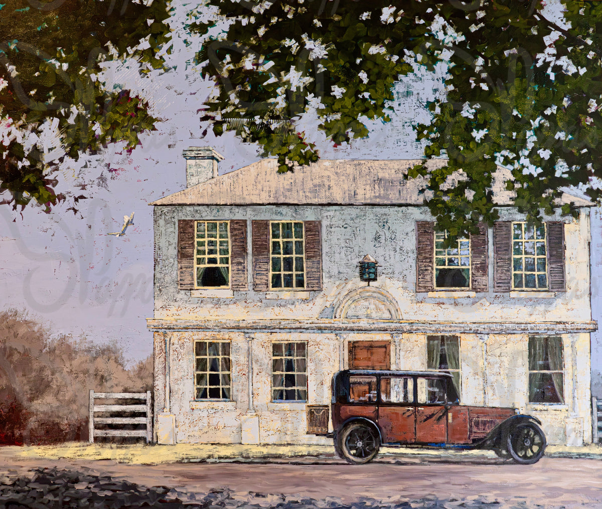textured painting of Islay house in woodend. with vintage car parked out the front
