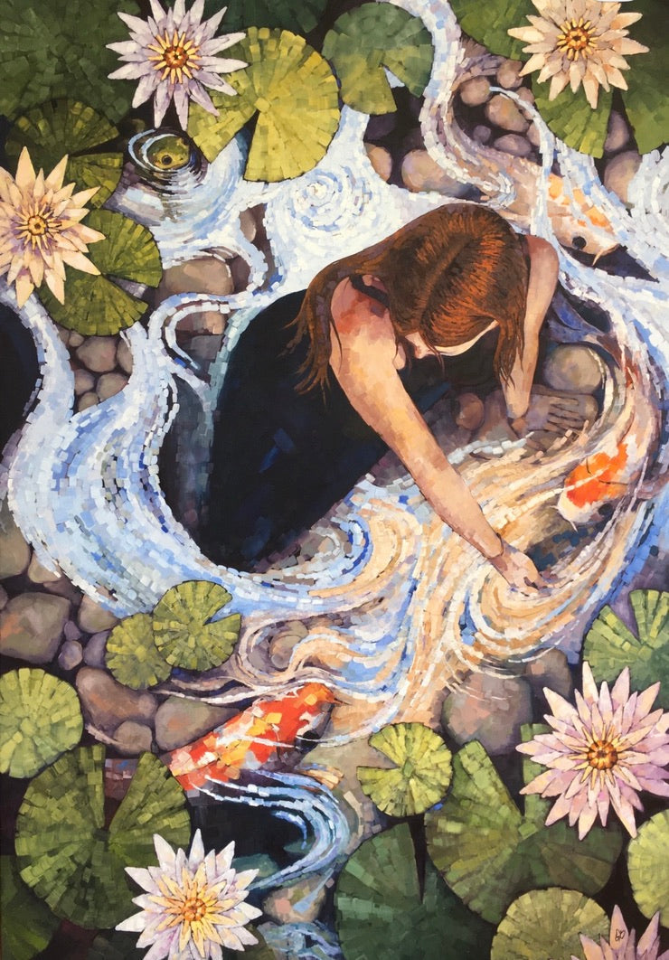 A colorful painting of a woman with reddish-brown hair sitting in a rocky pond surrounded by water lilies and koi fish, with swirling blue and white water patterns.