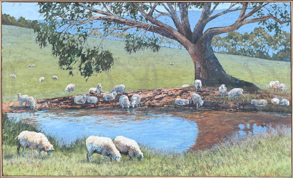 Large Oil painting by Shay Pappas of sheep around a waterhole.  Australian Landscape painter