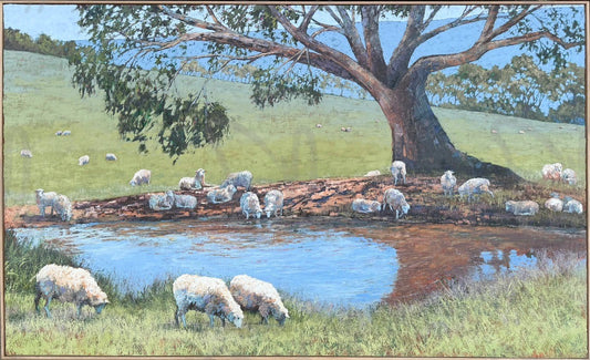 Large Oil painting by Shay Pappas of sheep around a waterhole.  Australian Landscape painter