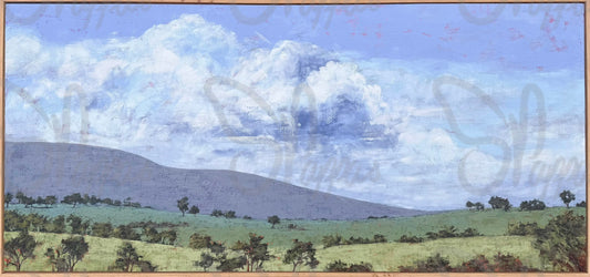 Original Oil Painting of green rolling hills and puffy white clouds.  By Australian landcape painter Shay Pappas