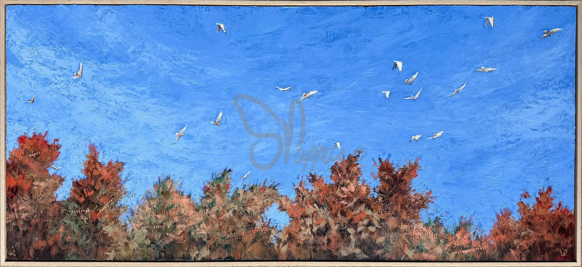 An impressionistic landscape painting featuring a bright blue sky filled with flying white birds and a row of trees in red, orange, and green foliage along the bottom, framed by a light border.