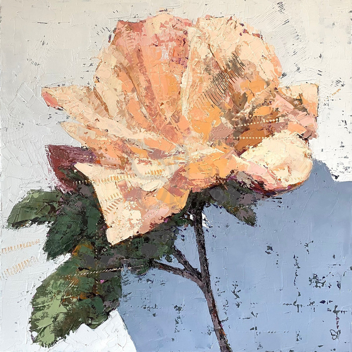 Impressionistic oil painting of a single peach and orange rose with green leaves on a textured light gray and blue background.